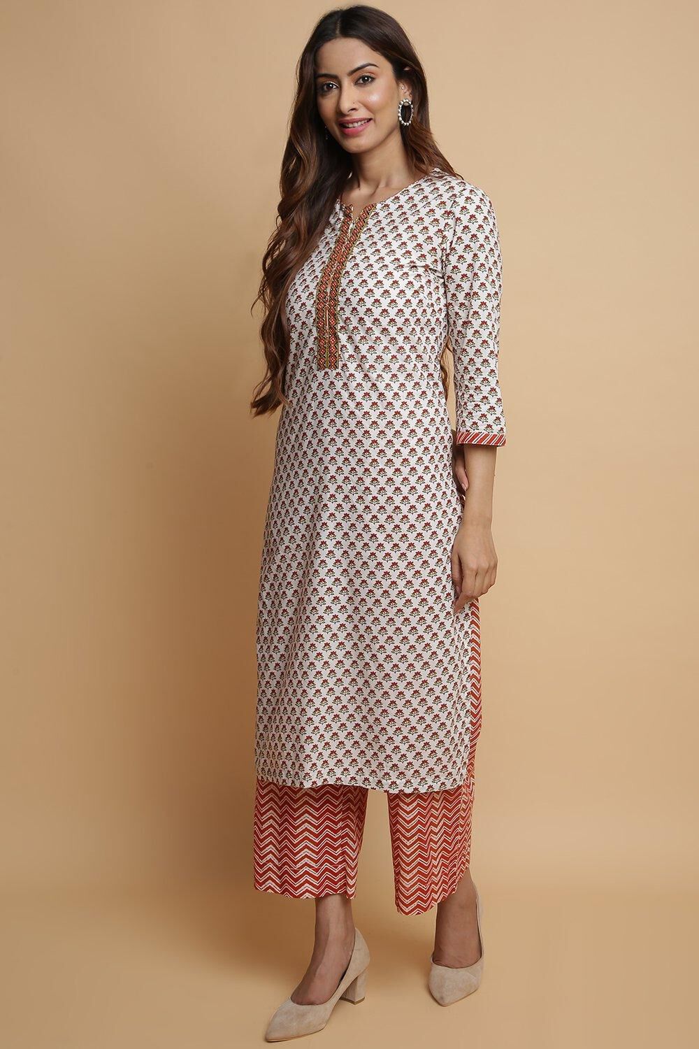 Off White Cotton Straight Kurta Palazzo Suit Set image number 3