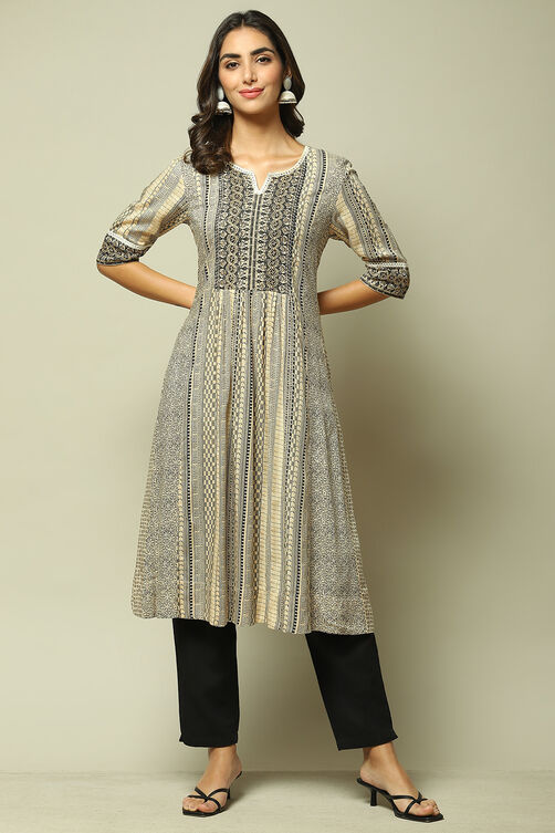 Beige & Black LIVA Straight Printed Kurta image number 6