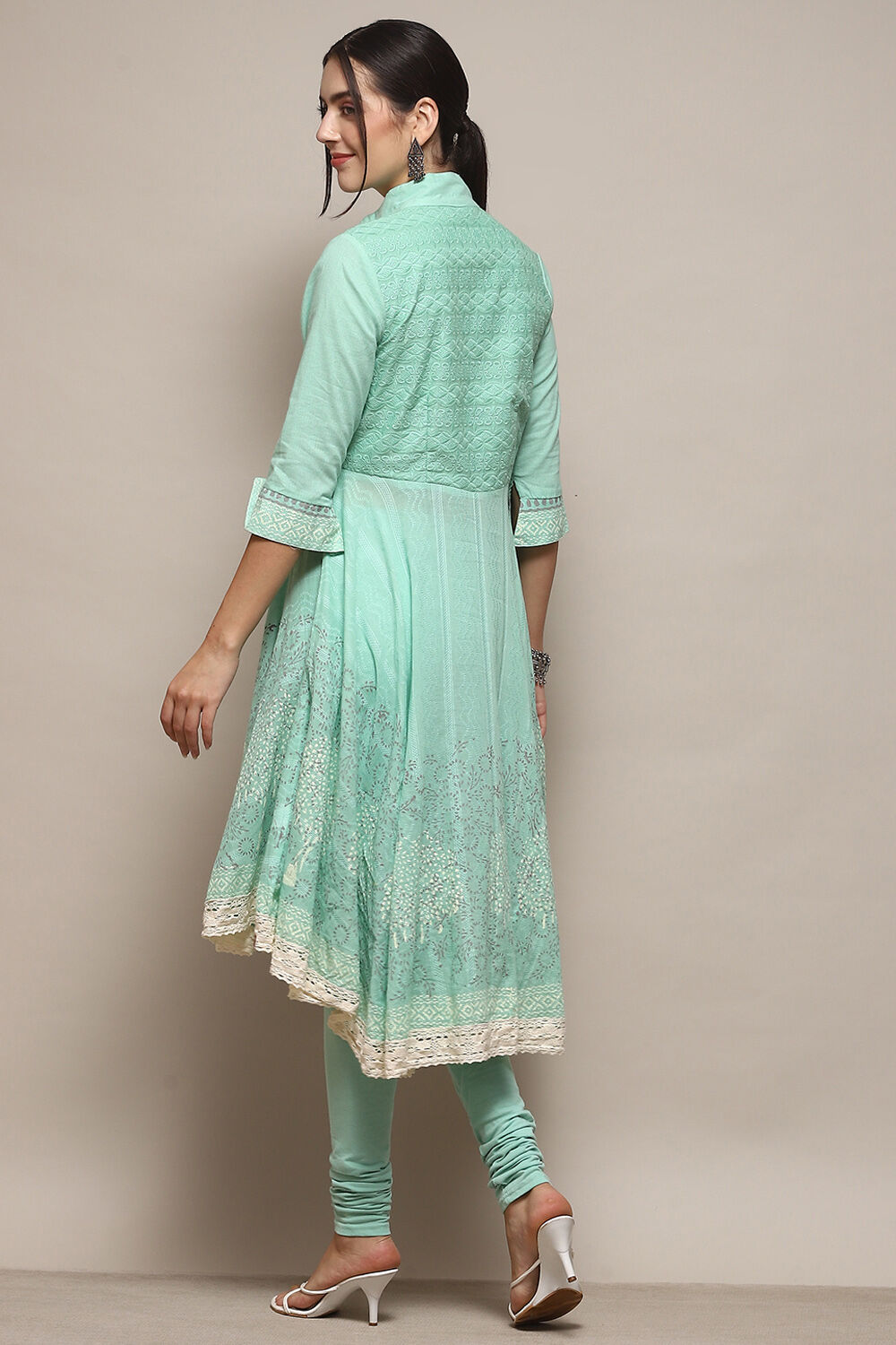Turquoise Cotton Anarkali Solid Kurta Churidar Suit Set image number 5