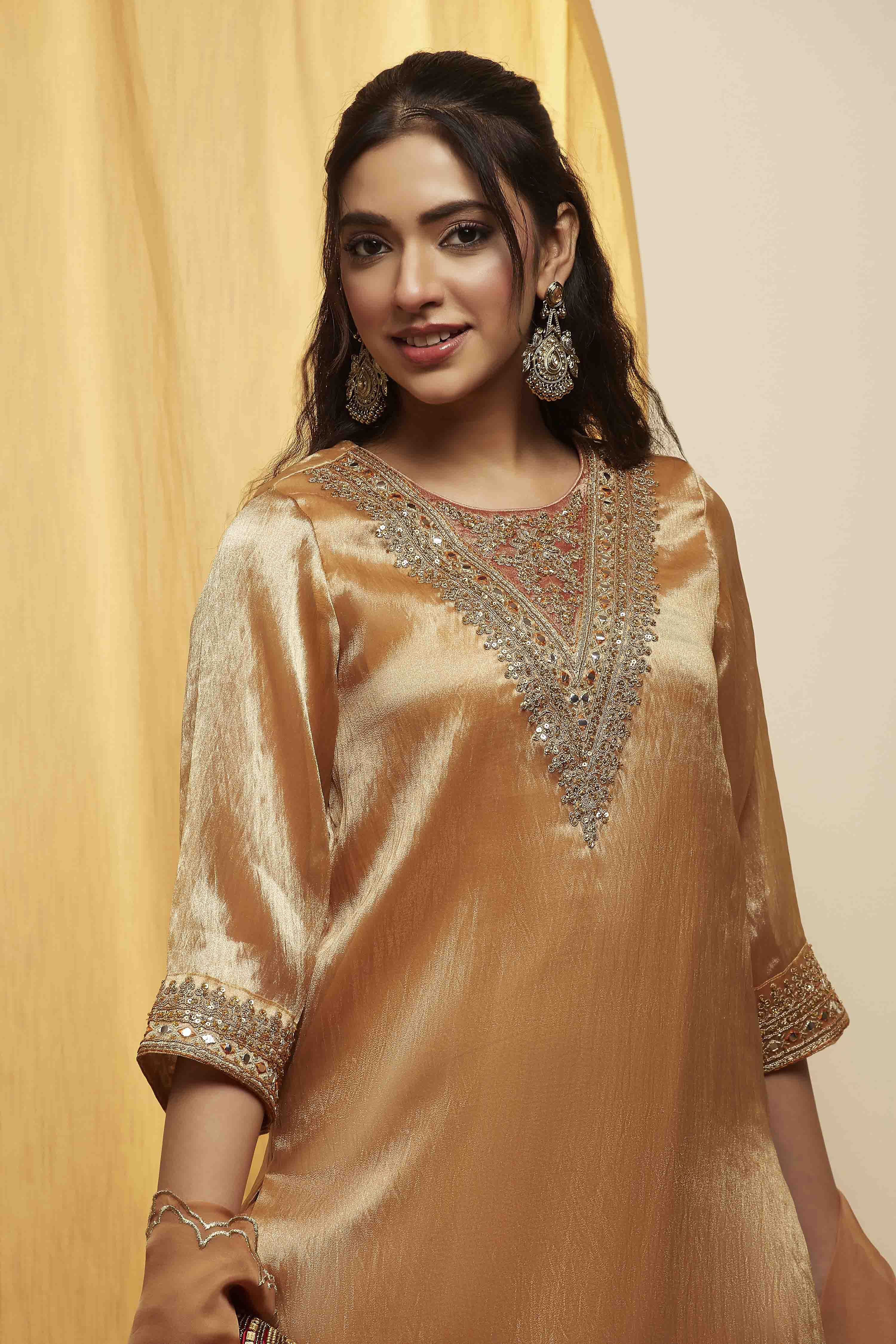Gold Viscose Rayon Straight Suit Set image number 1