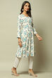 Off White & Blue Cotton IKAT Flared Yarndyed Kurta image number 3