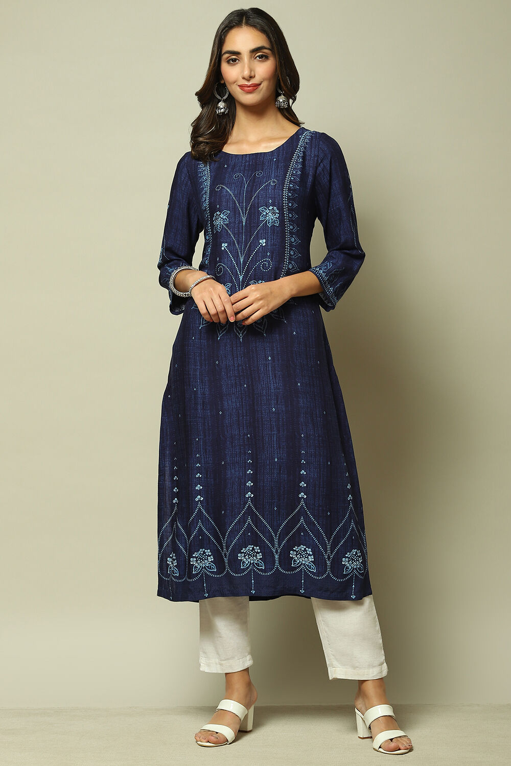 Indigo LIVA Straight Printed Kurta image number 1