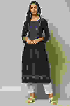 Indigo LIVA Straight Printed Kurta image number 1