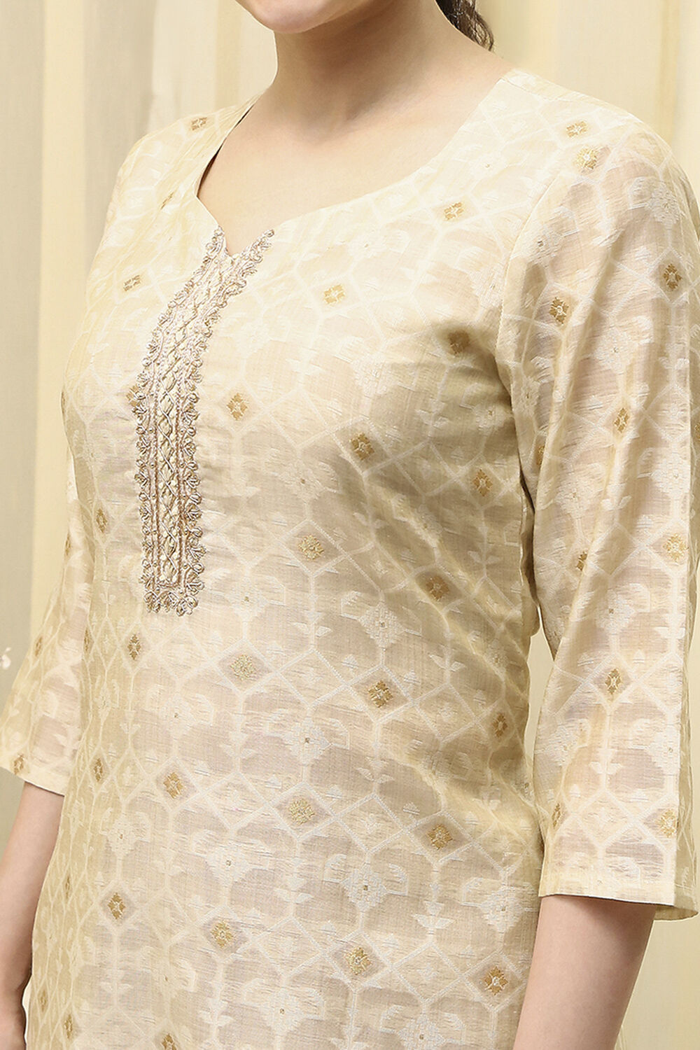 Beige Chanderi Jamdani Unstitched Suit Set image number 3