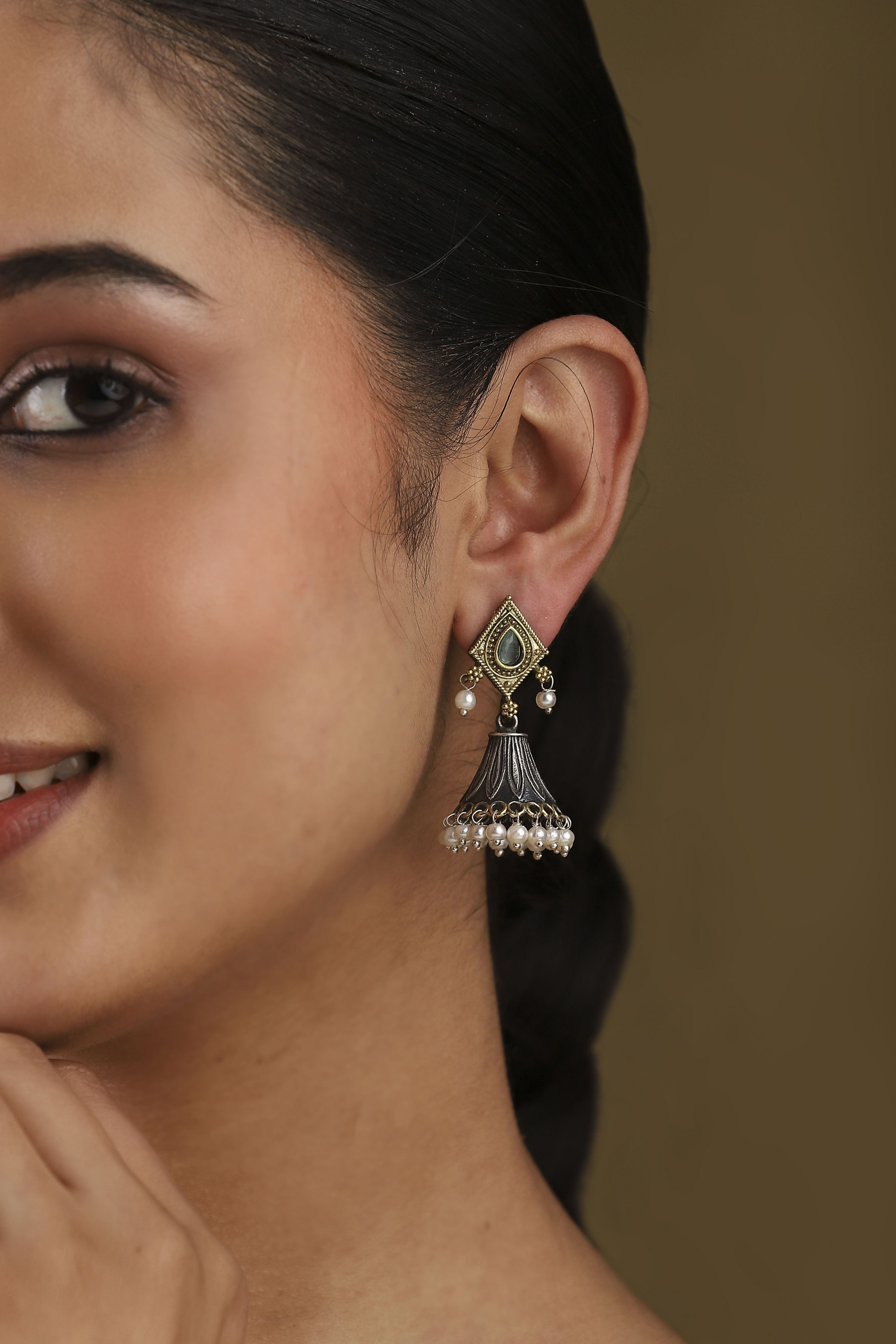 Green Oxidised Brass Pearl Studded Jhumkas image number 1