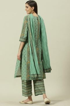 Sage Green Printed Cotton Straight Suit Set image number 4