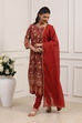 Red Cotton Straight Kurta Churidar Suit Set image number 3