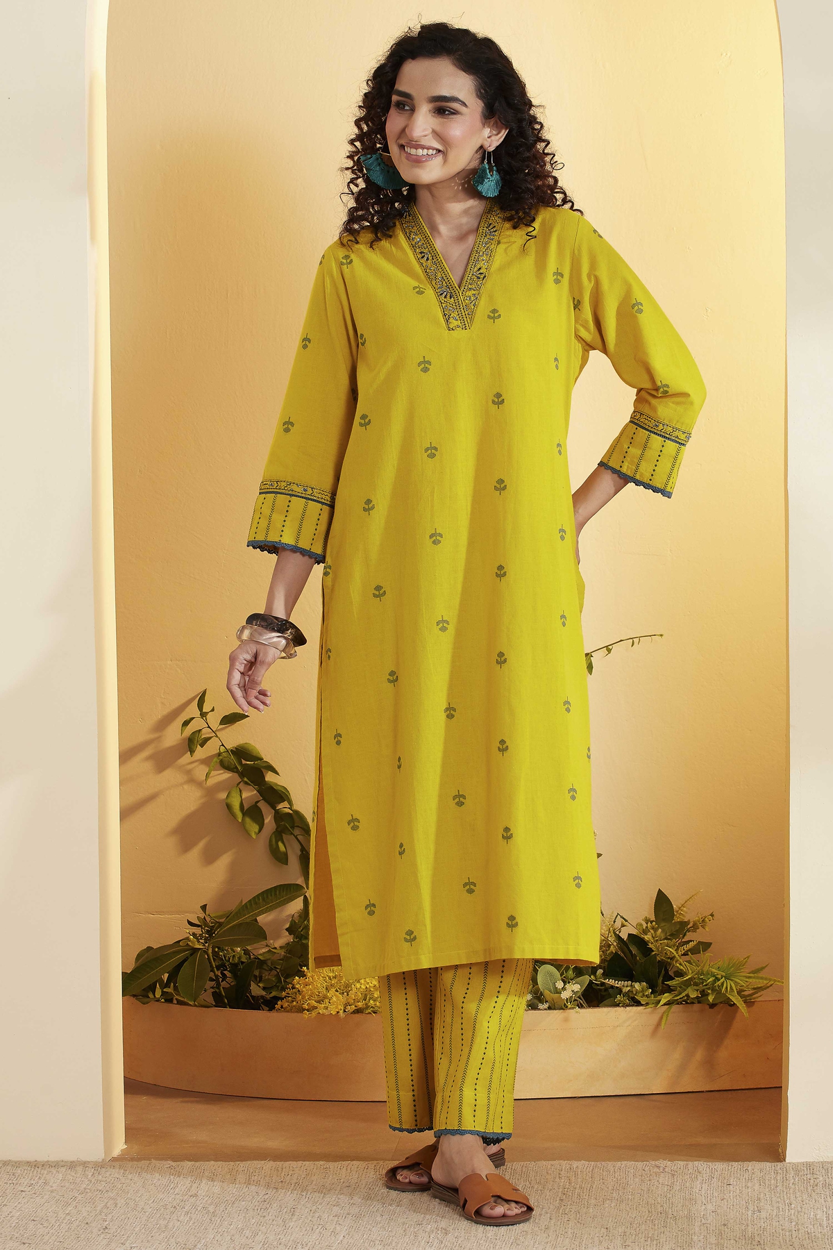 Lime Yellow Cotton Yarndyed Straight Kurta Set
