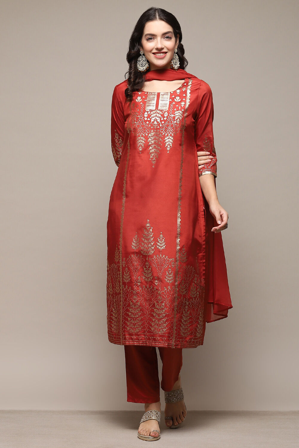 Maroon Poly Shantoon Narrow Kurta Pant Suit Set image number 7