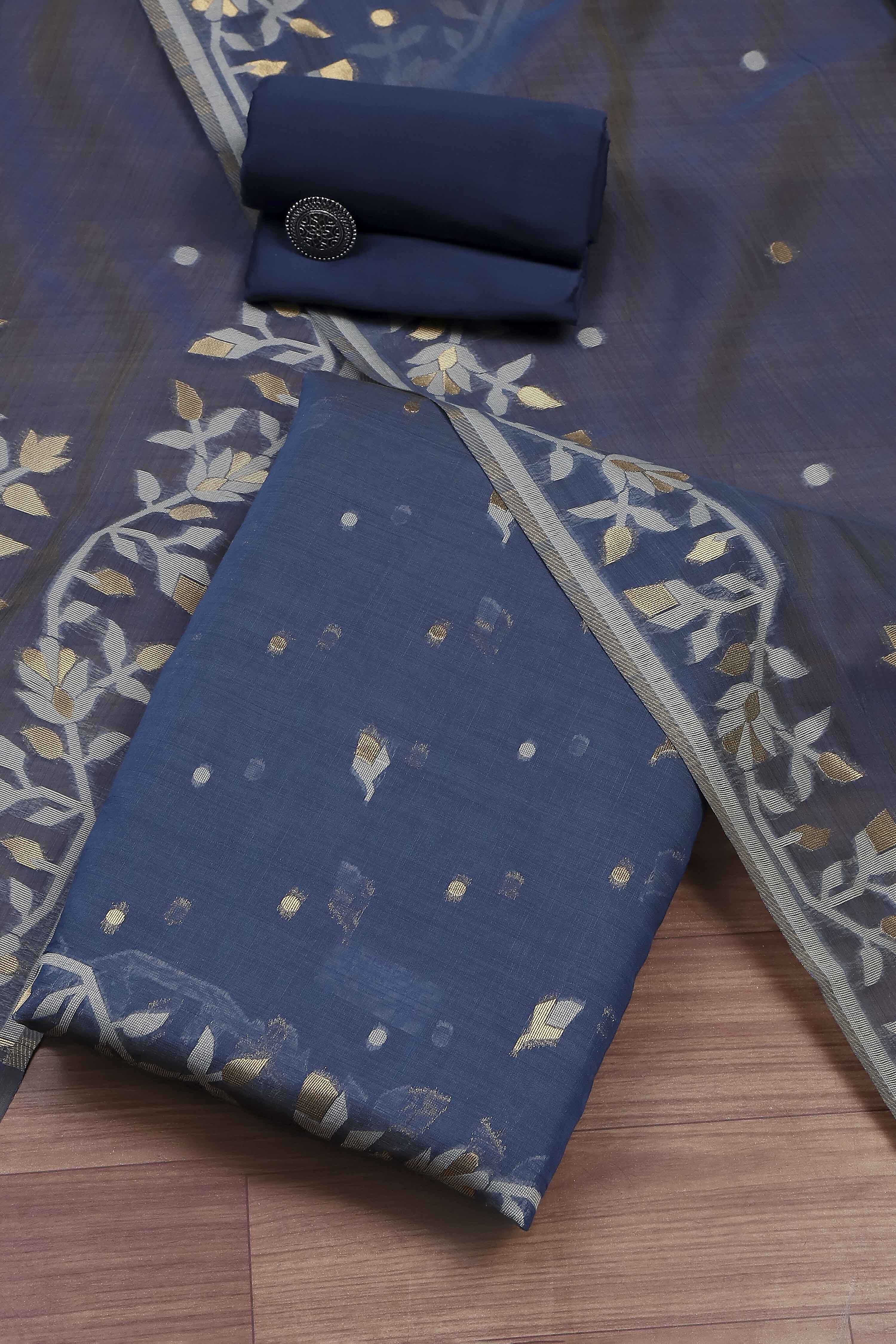 Green Cotton Jamdani Unstitched Suit Set image number 0