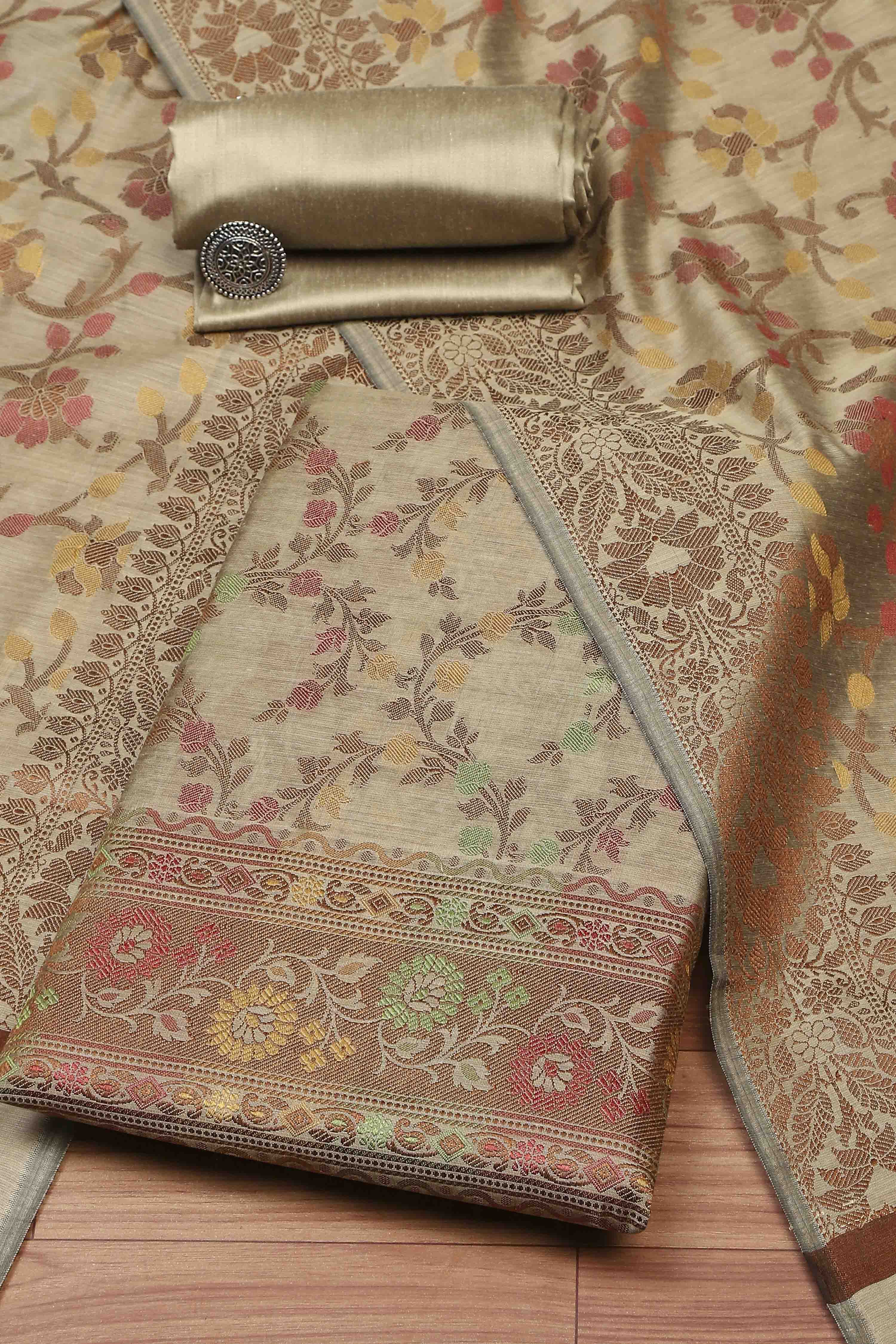 Grey Cotton Printed Embroidered Unstitched Suit Set image number 0