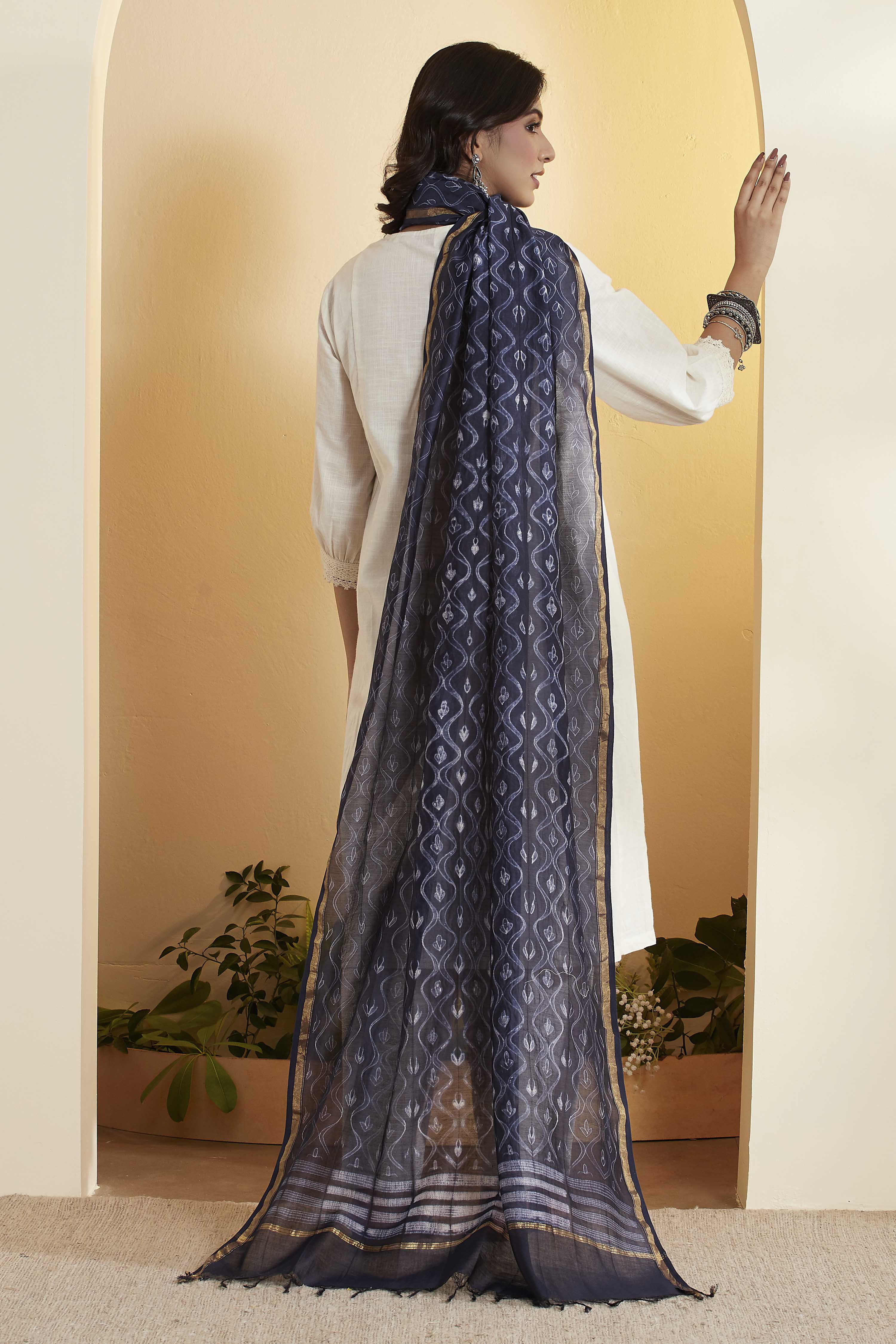 Navy Blue Printed Chanderi Dupatta image number 3
