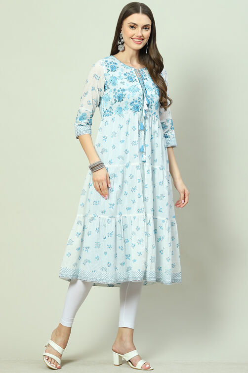 Blue Cotton Tiered Kurta image number 0