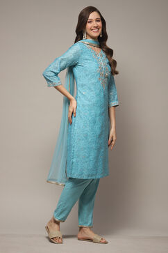Turquoise Cotton Blend Straight Kurta Pants Suit Set image number 4