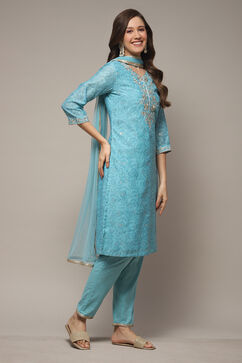 Turquoise Cotton Blend Straight Kurta Pant Suit Set image number 4