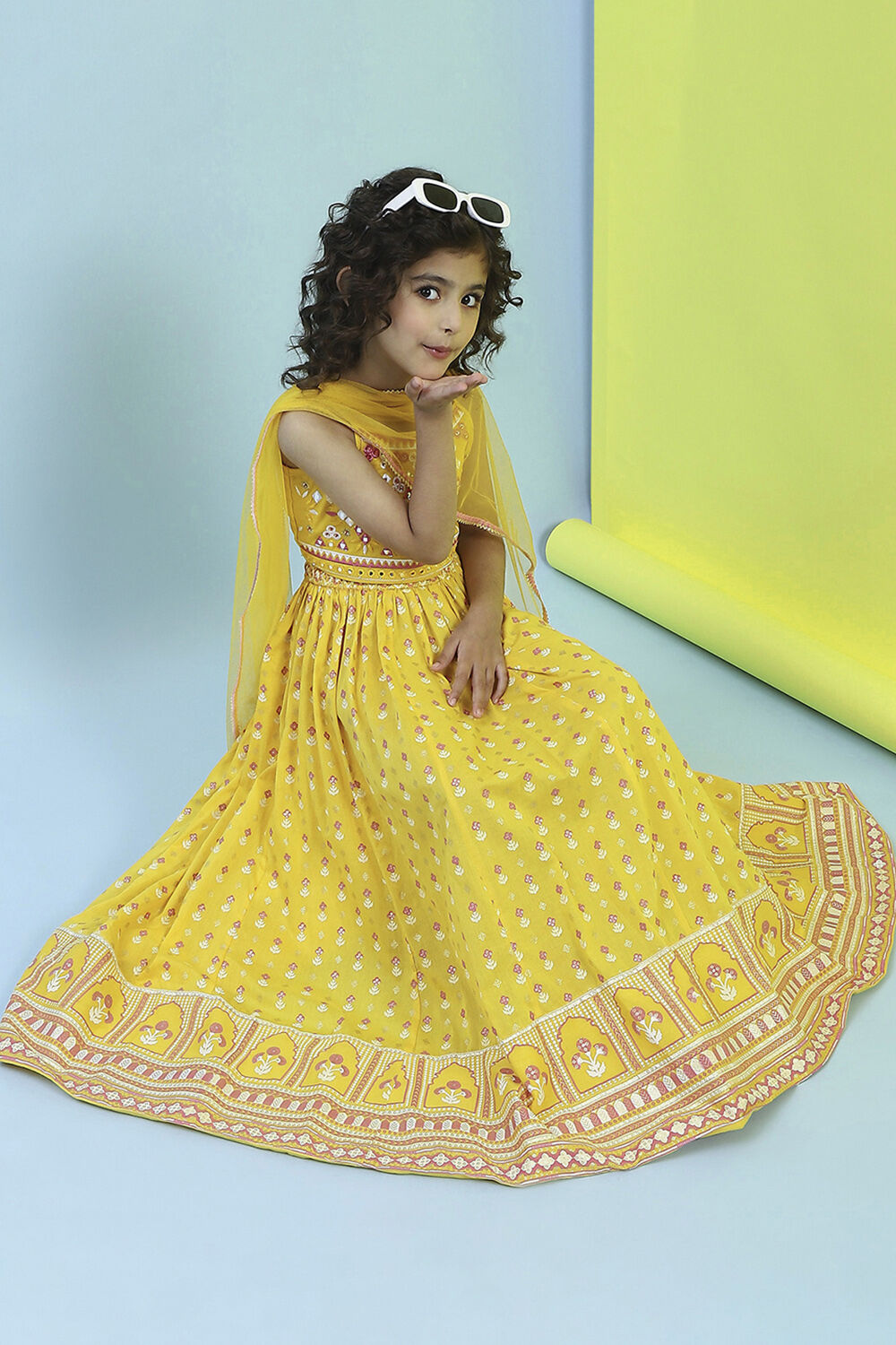 Yellow Cotton Printed Strappy Lehenga Set image number 0