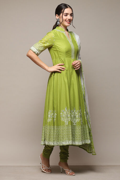 Black Cotton Anarkali Printed Kurta Churidar Suit Set image number 6