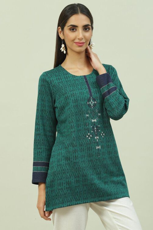 Blue Poly Metallic Straight Printed Kurti image number 3