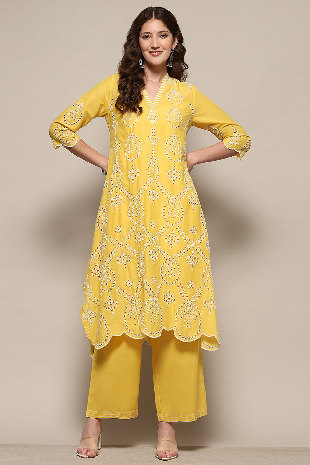 Yellow Cotton Schiffli Kurta & Palazzo Suit Set image number 6