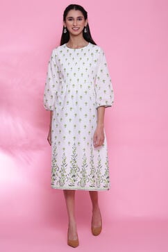 White And Green Cotton Kurta  Printed Kurta Dress image number 5