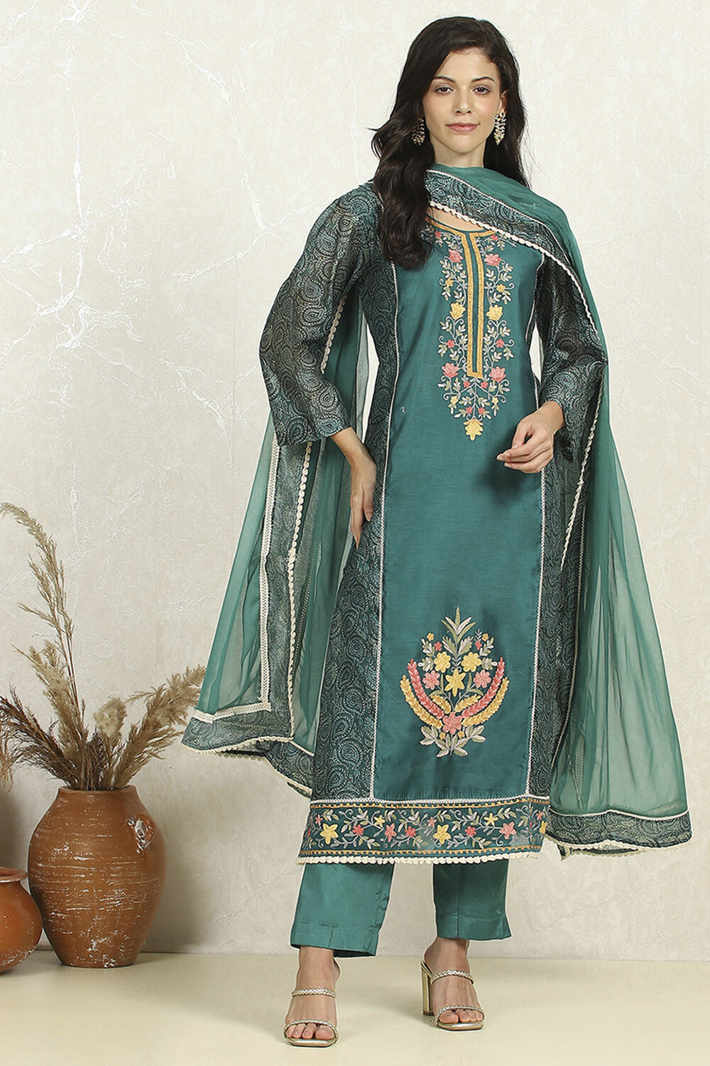 Teal Chanderi Unstitched Suit Set image number 7