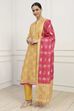 Yellow Silk Blend Printed Unstitched Suit Set image number 4