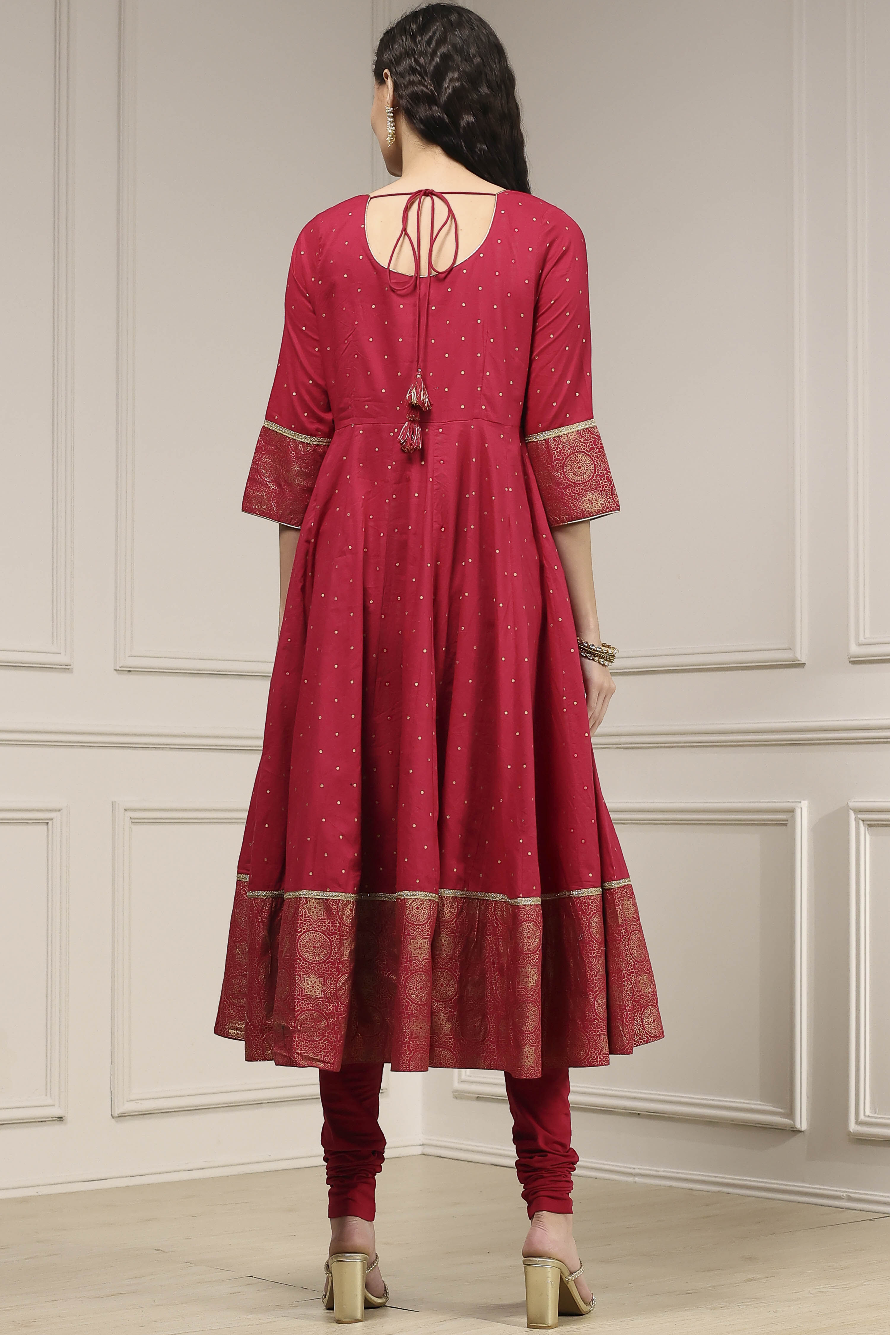 Cherry Red Cotton Printed Anarkali Suit Set image number 4