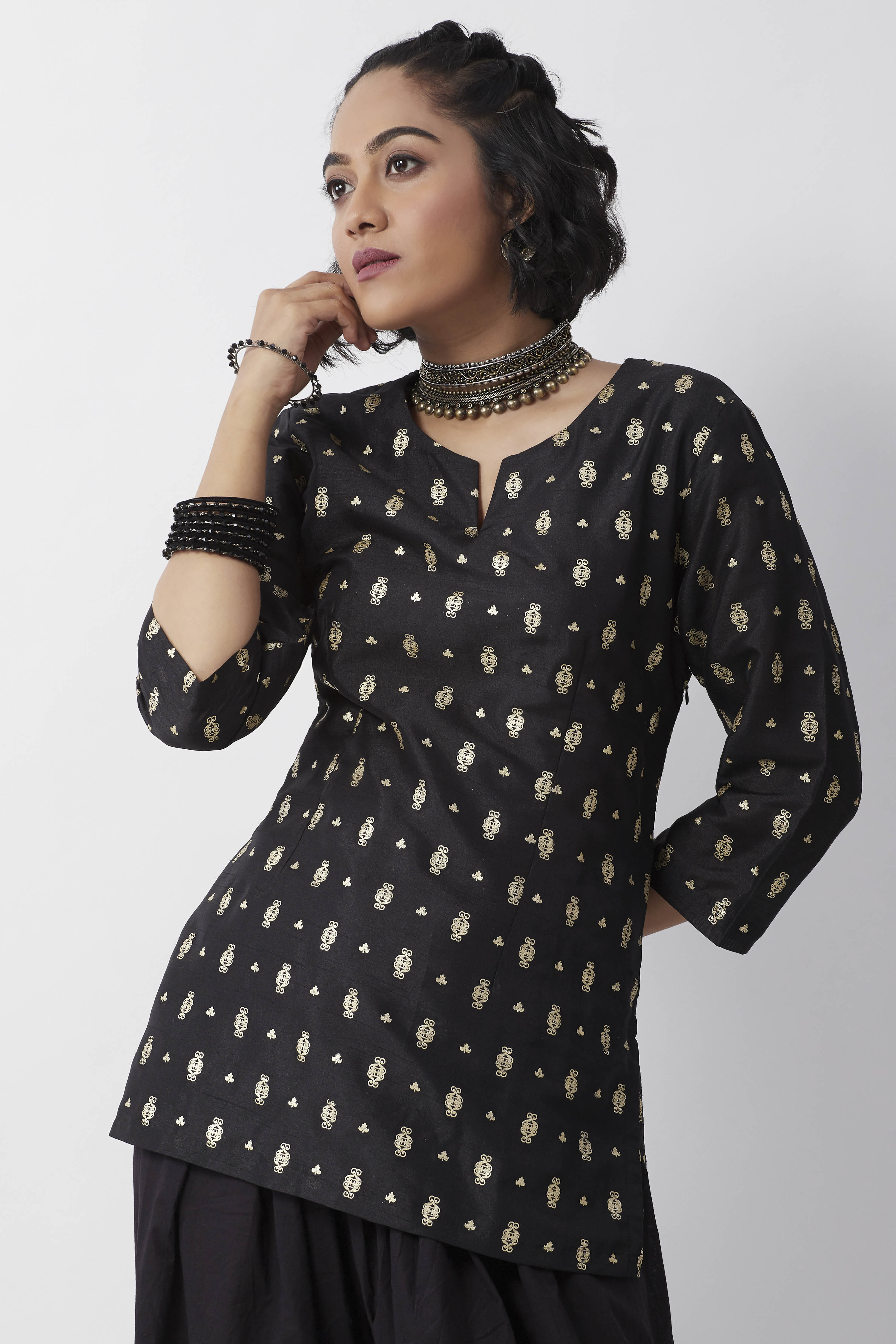 Black Cotton Gold Motif Printed Short Kurti image number 0