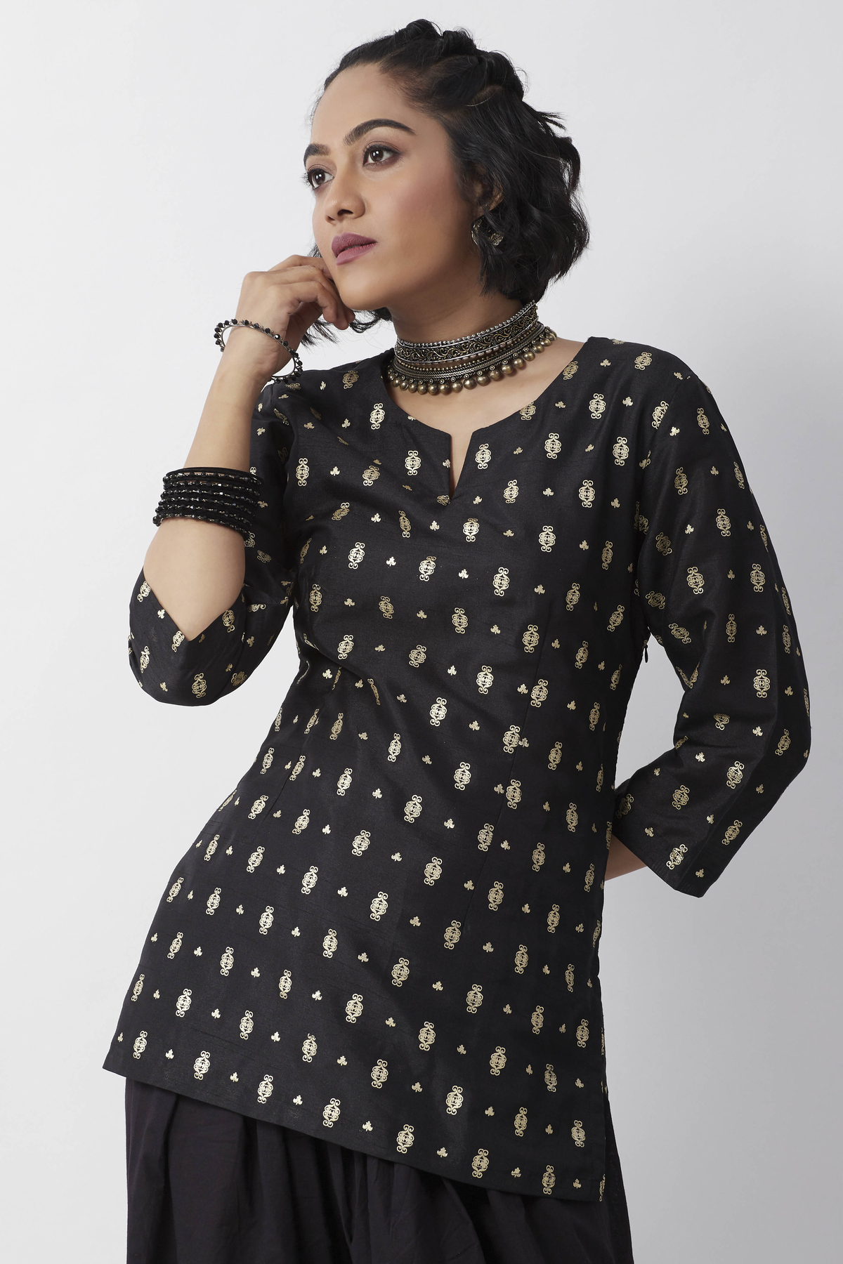 Black Cotton Gold Motif Printed Short Kurti