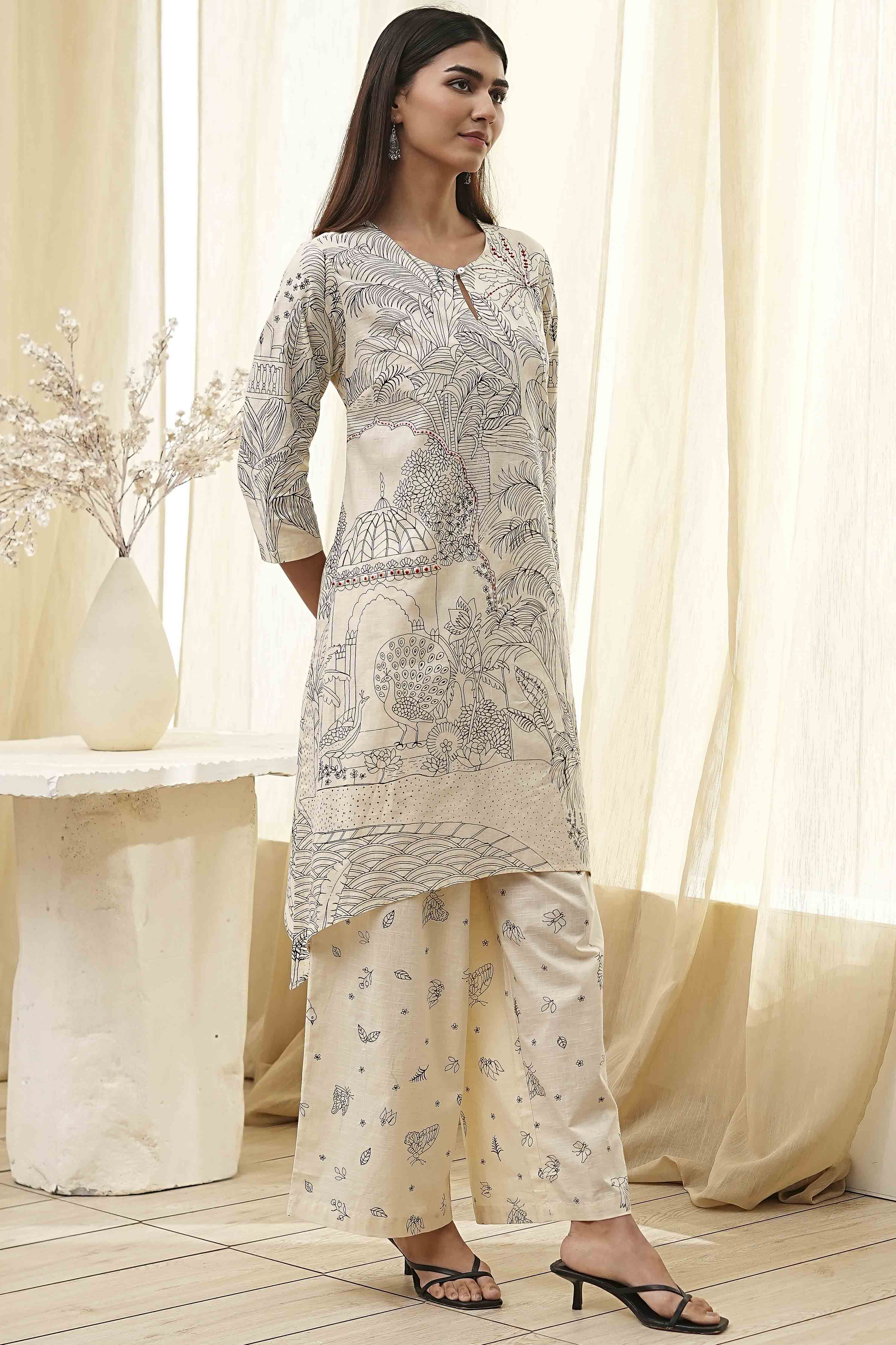 Off-White Cotton Straight Printed Kurta Set image number 5