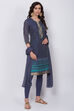 Navy Blue Poly Metallic Cotton Straight Suit Set image number 3