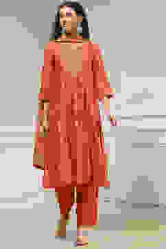 Orange Silk Embroidered Gathered Straight Suit Set image number 6