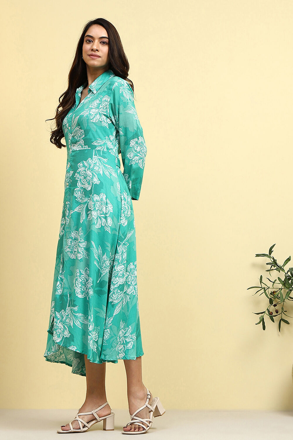 Cyan Blue Floral Printed Shirt Style A-line Dress image number 2