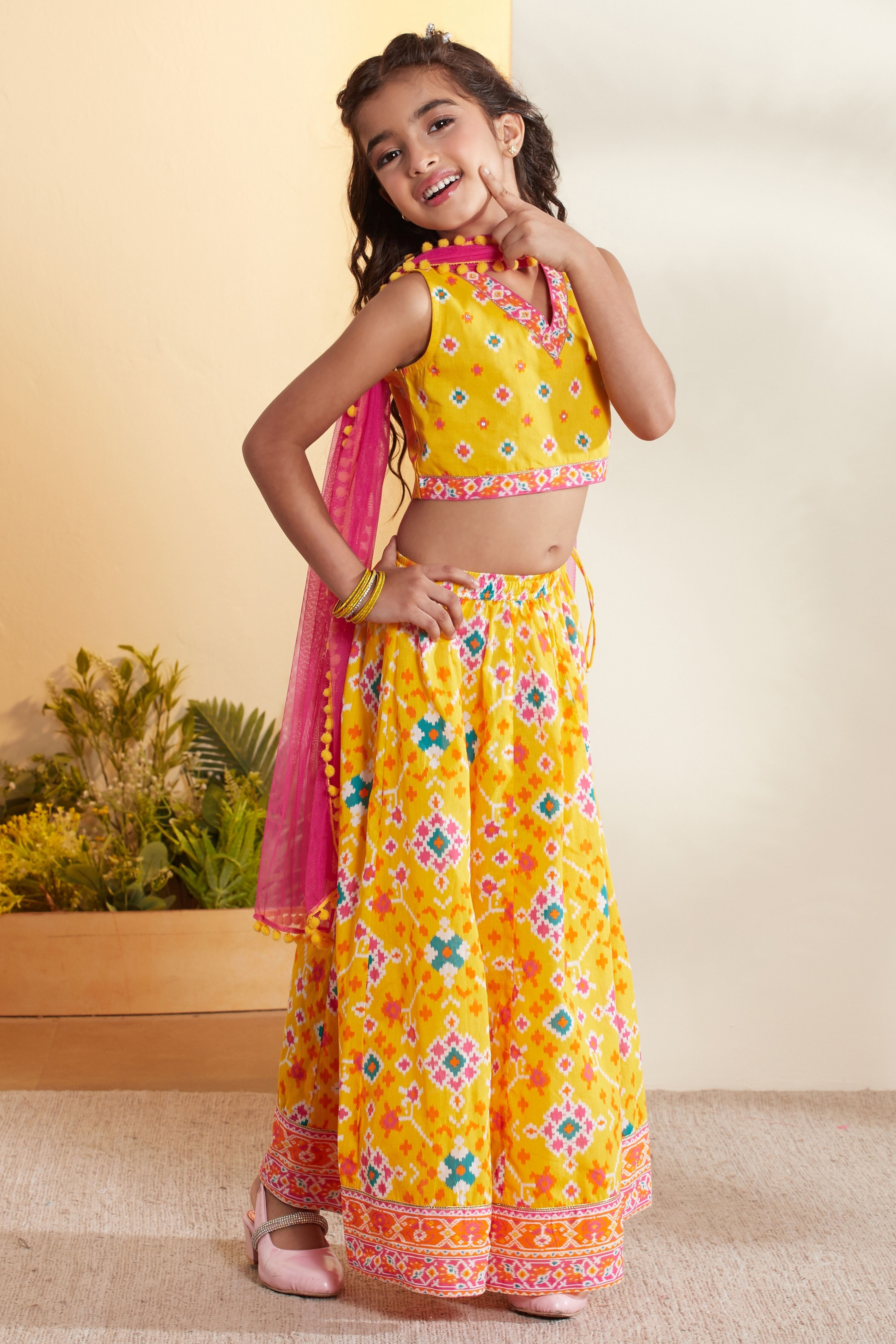 Yellow Printed Cotton Lehenga Set with Pink Dupatta image number 4