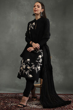 Rohit Bal Black Silk Chanderi Floral Straight Suit Set image number 0