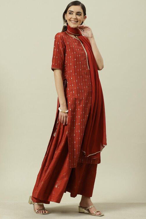 Terracotta Printed Straight Kurta Sharara Suit Set image number 6