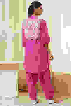 Pink and White Cotton Pathani Straight Kurta Set image number 3