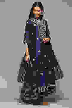 Navy Cotton Blend Layered Kurta Churidar Suit Set image number 7