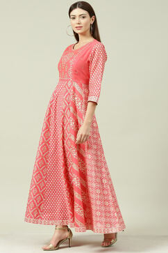Pink Art Silk Flared Fusion Dress image number 3