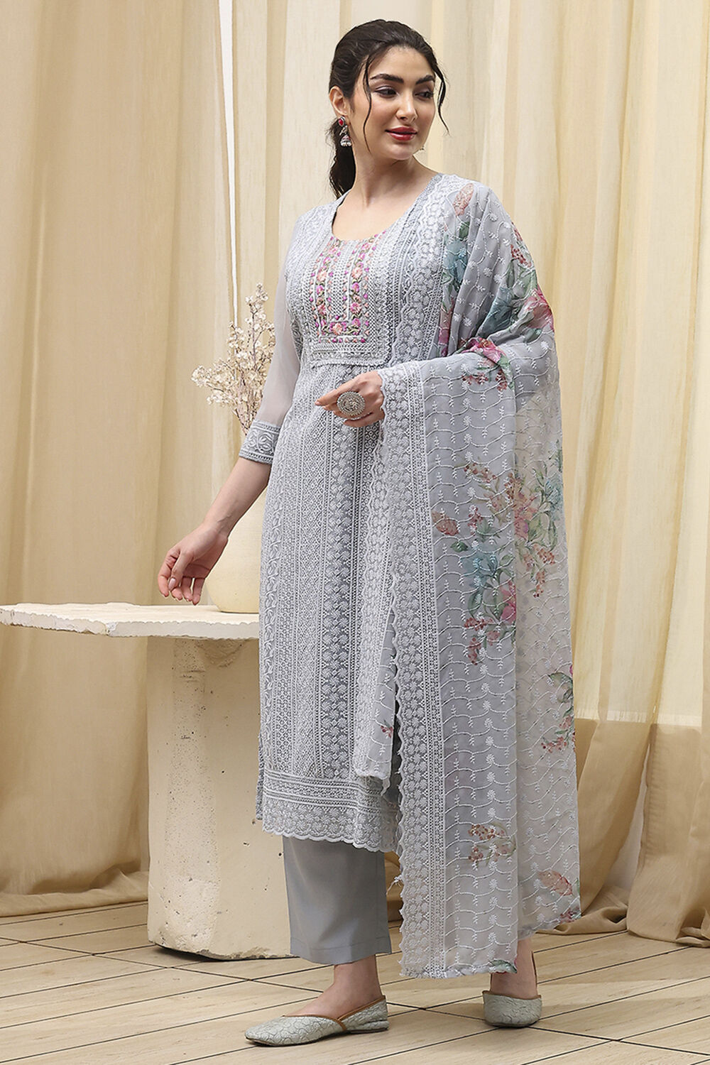 Pink Georgette Schiffly Unstitched Suit Set image number 4