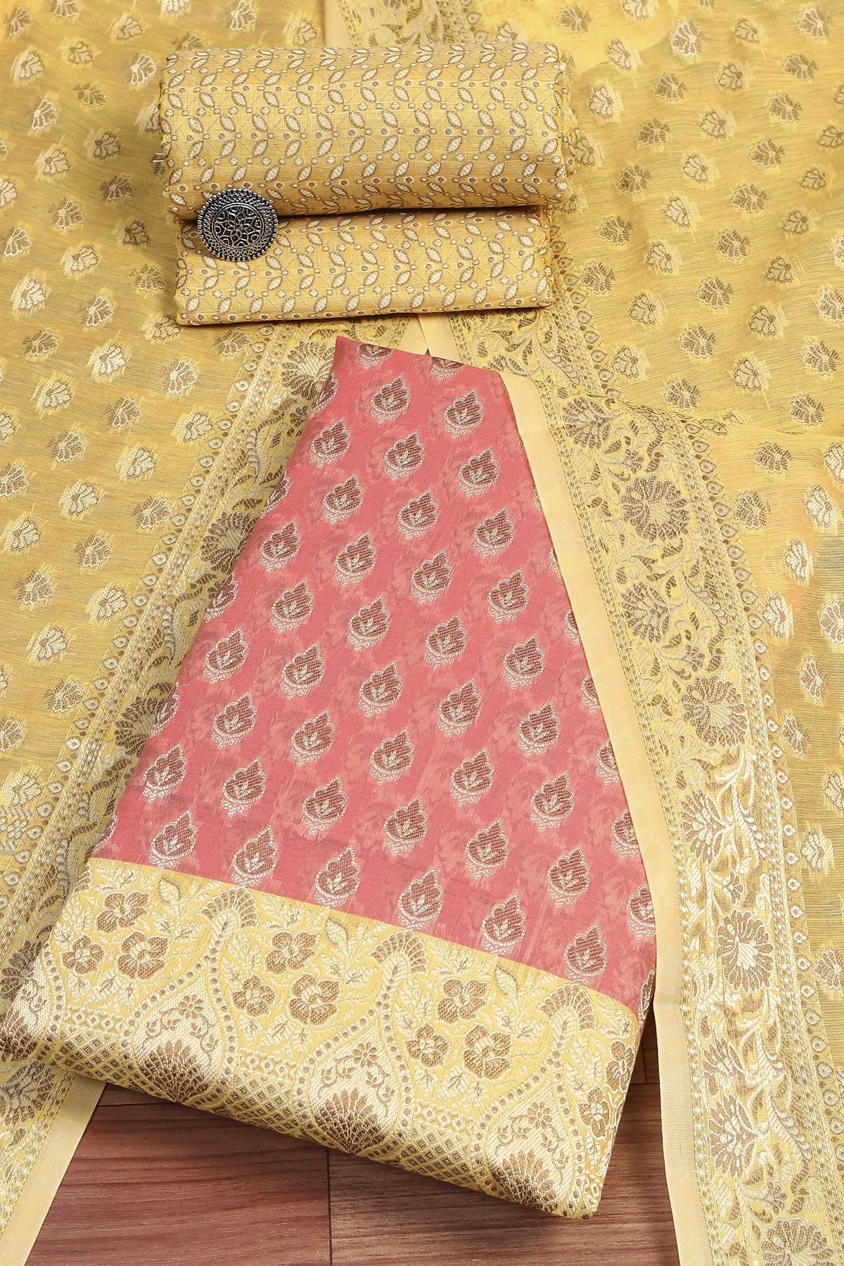 Pink Cotton Printed Embroidered Unstitched Suit Set