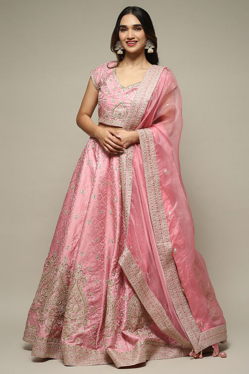 Red Silk Blend Straight Lehenga Set image number 7