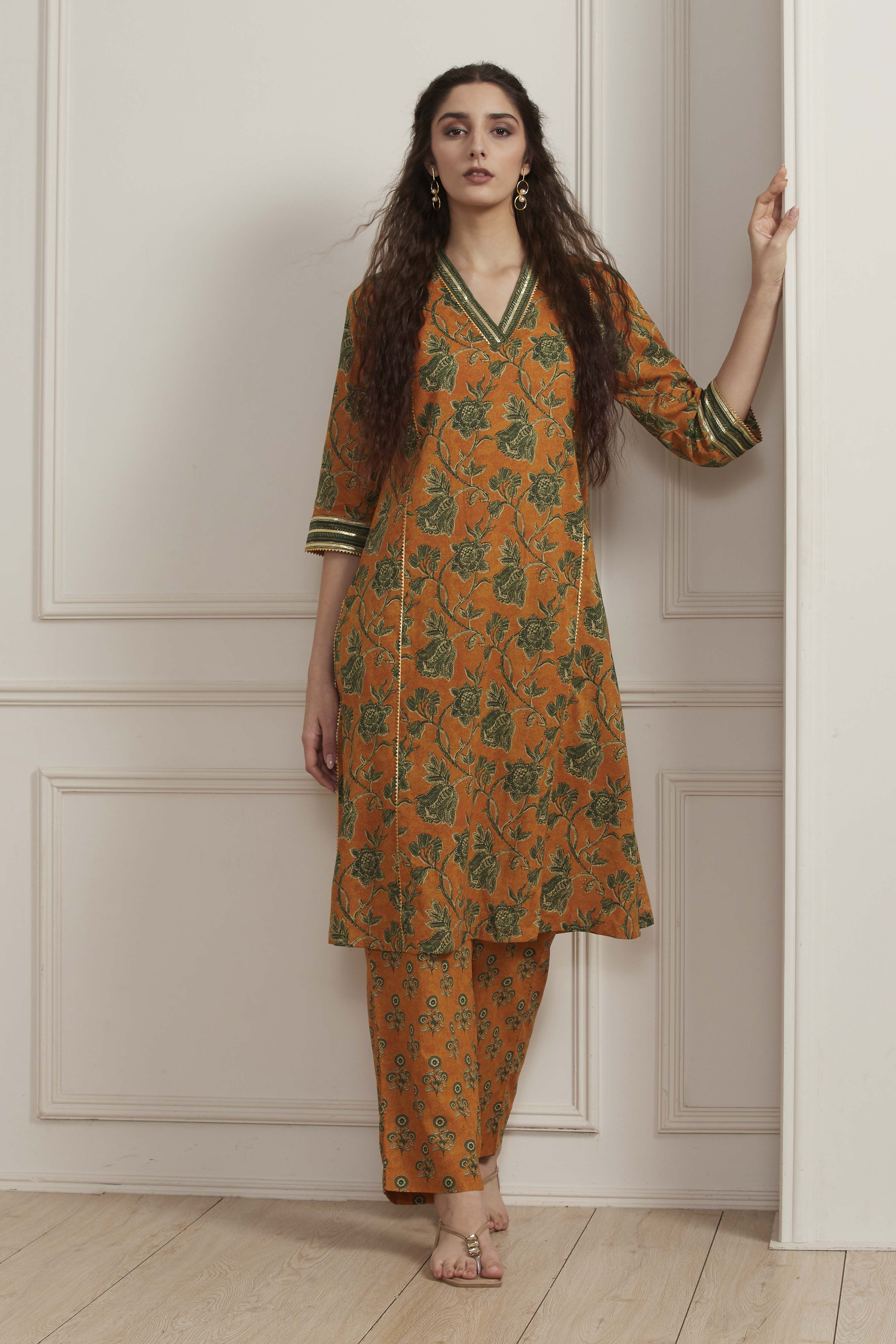 Mustard Yellow Cotton Printed Kurta Set image number 0