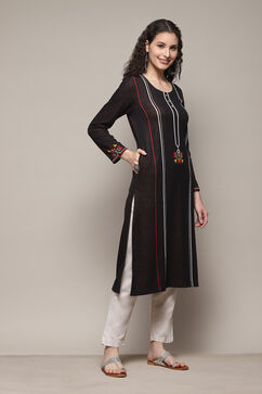 Black Polyester Straight Yarndyed Kurta image number 2