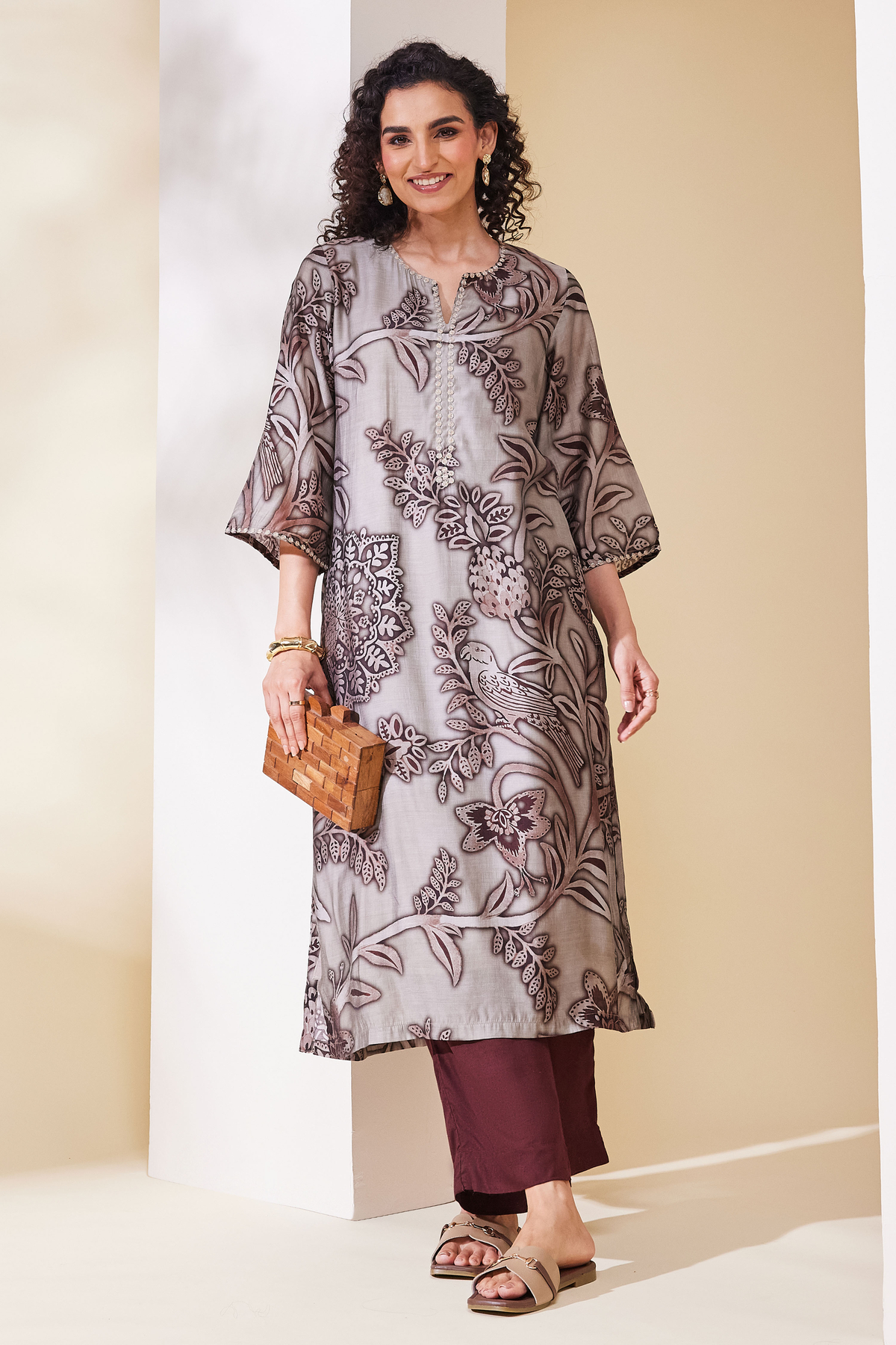 Brown Viscose Blend Straight Kurta Pants Set