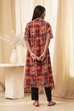 Orange Printed Shirt-Style Straight Kurta image number 3