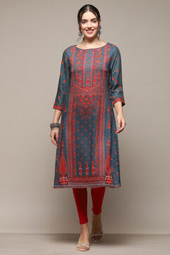 Teal LIVA Straight Printed Kurta image number 5