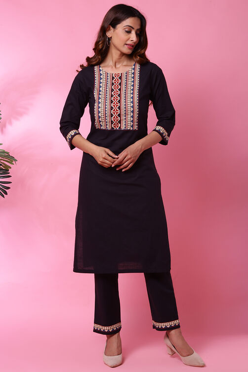 Black Cotton Kurta Pants Set image number 1