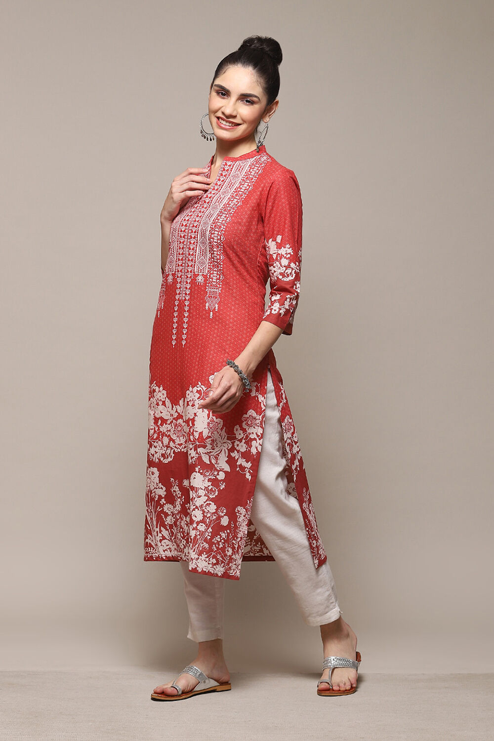 Red Cotton A-Line Printed Kurta image number 2