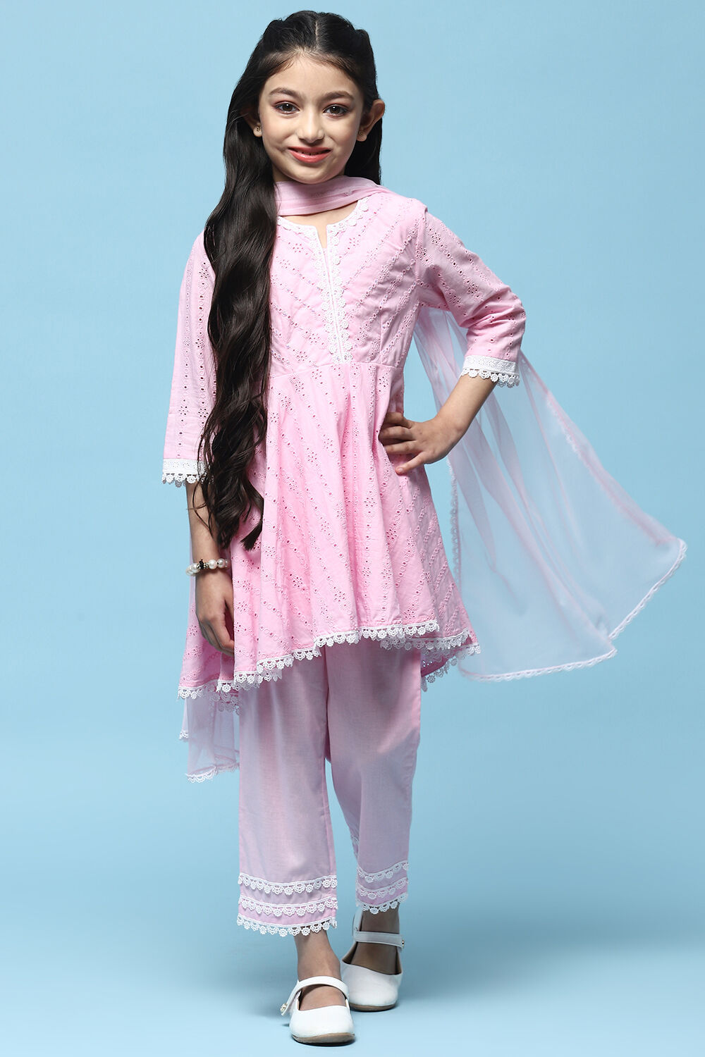 Pink Schiffli Cotton Flared Kurta With Palazzo & Net Dupatta image number 0